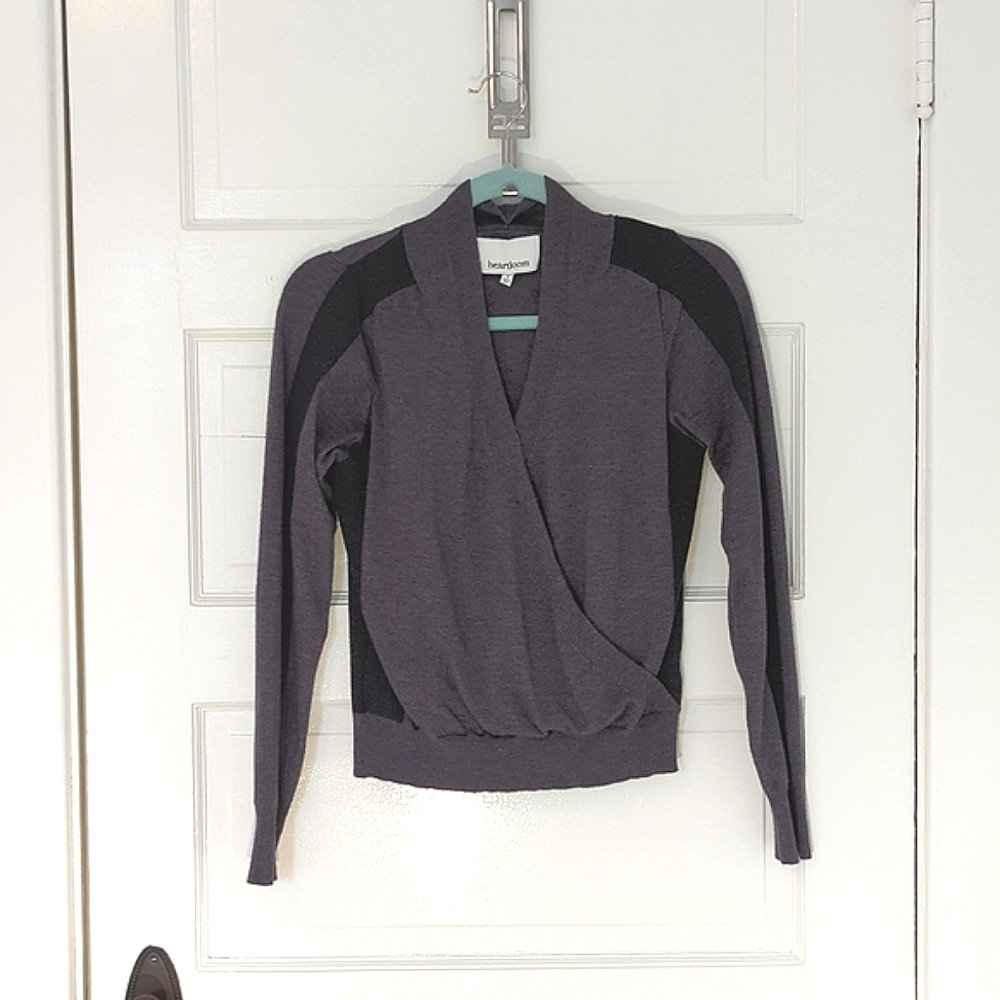 Heartloom Rhea sz S wrap knit sweater, grey v-neck with arm stripe